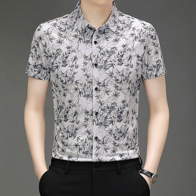 2025 New Spandex Printed Shirt Short Sleeve Men's Summer Casual Fashion Ice Silk Refreshing Breathable Shirt Cardigan