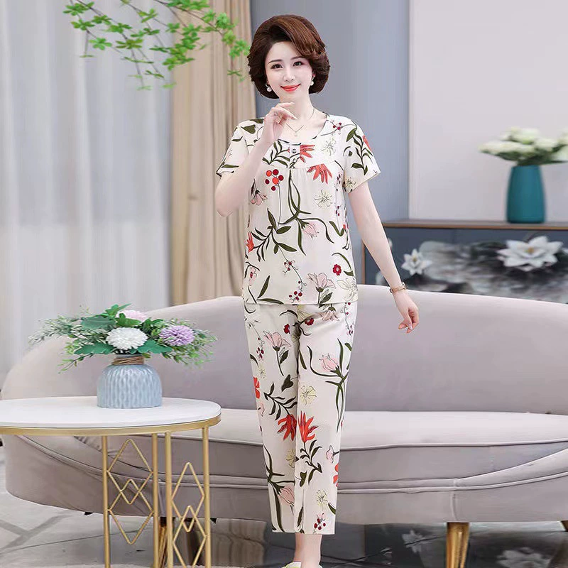 Pijama, set for elderly, with short sleeve, for middle age, plus size
