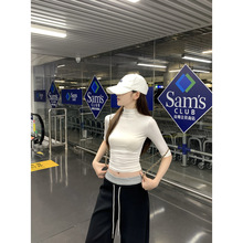 美式2025 秋季韩版纯欲修身内搭半高领气质百搭中袖T恤打底衫上衣