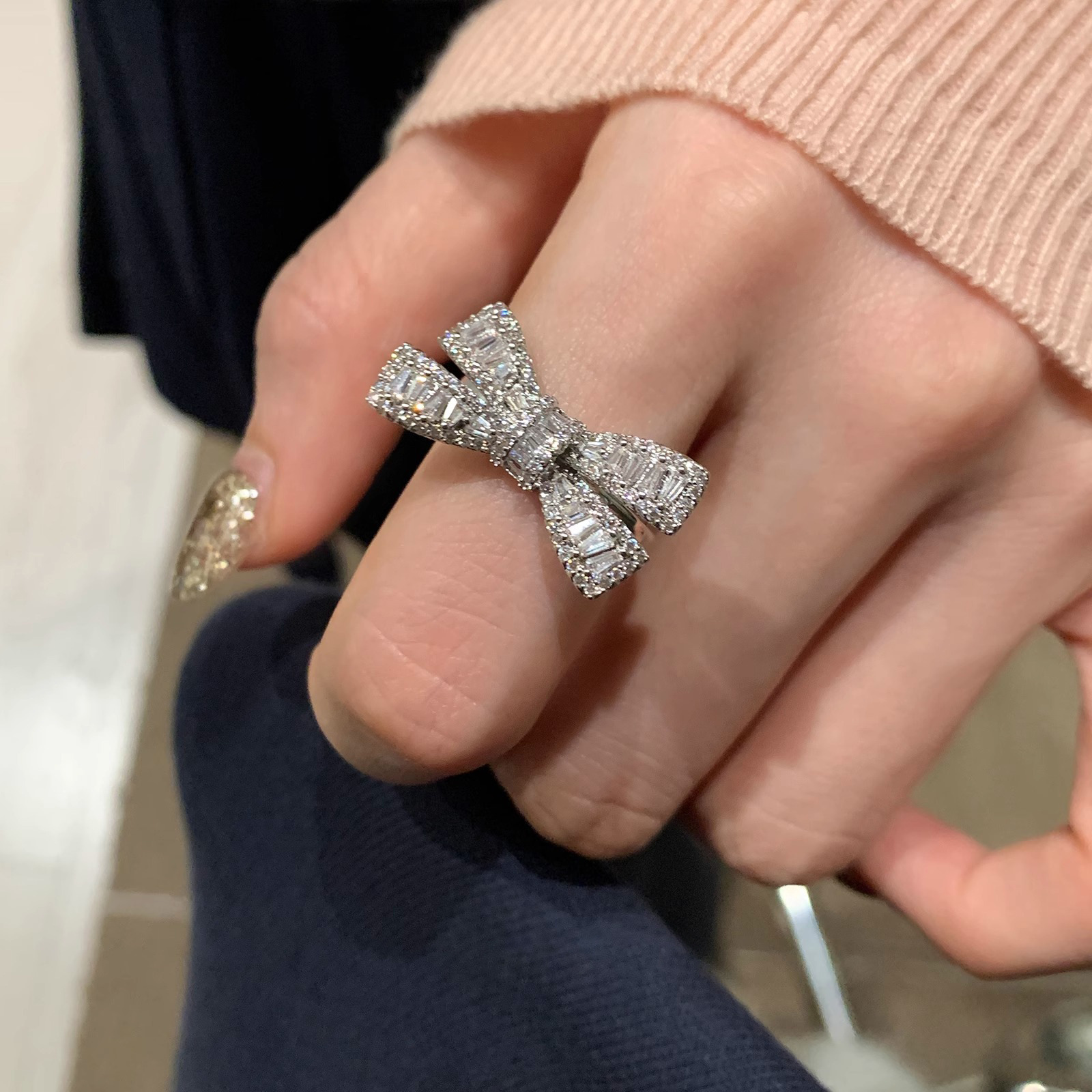 S925 Sterling Silver Micro-Inlaid Zircon Bowknot Sparkling Diamond Ring For Women, Niche High-End Fashion, Adjustable_voghion.com