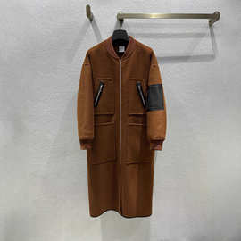 深圳南油2025年秋冬her*新品棒球领拼真羊皮口袋双面呢羊毛大衣女