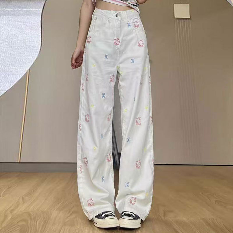 夏キティ猫刺繍ストレートパンツレディース韓国スタイルファットmmルーズハイウエスト多用途スリムワイドレッグジーンズ|undefined