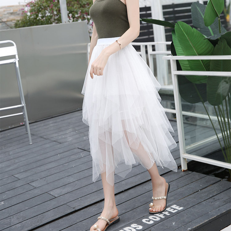 夏季新款不规则网纱半身裙中长款高腰显瘦a字仙女蓬蓬裙