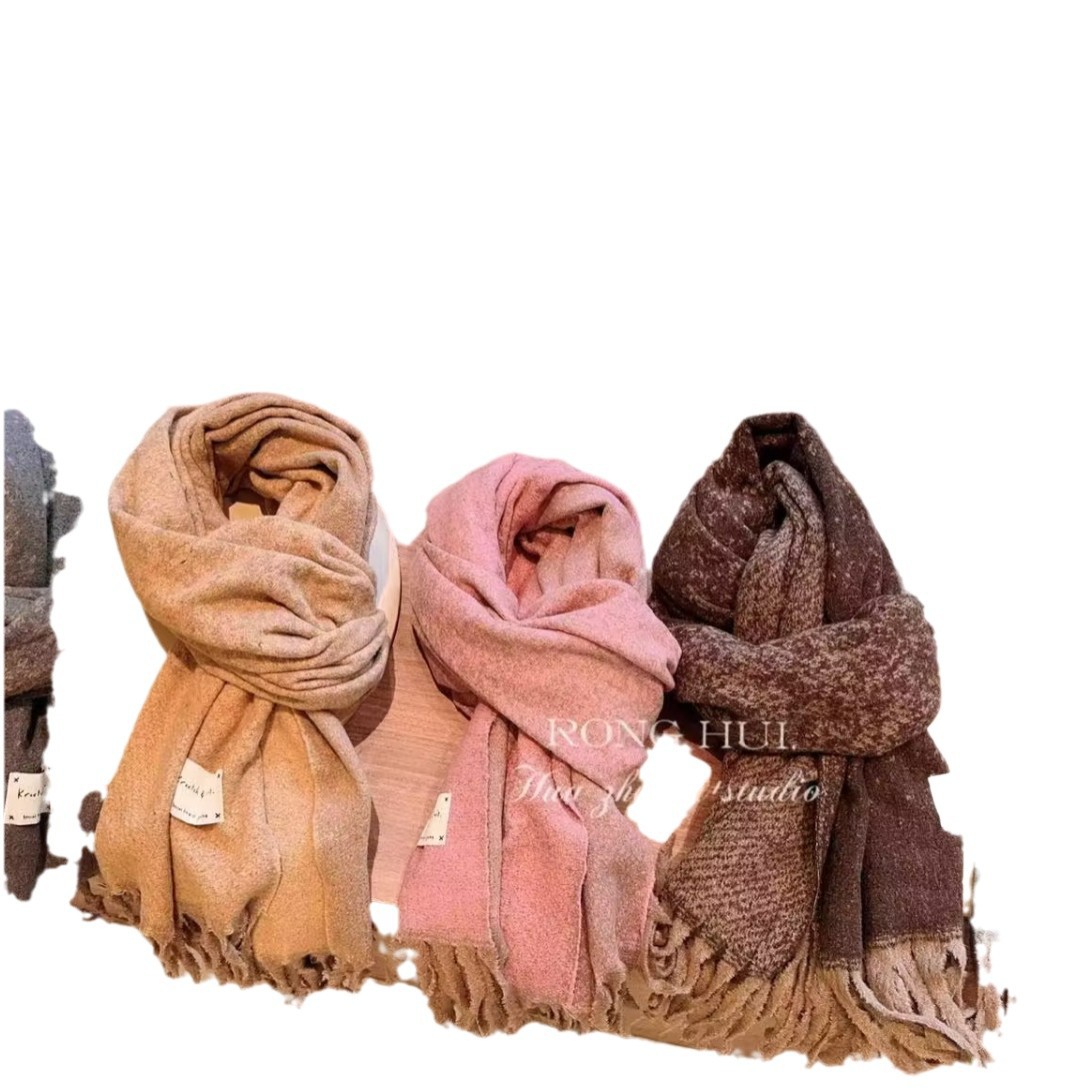 Winter solid color knitted velvet atmospheric scarf with tassels