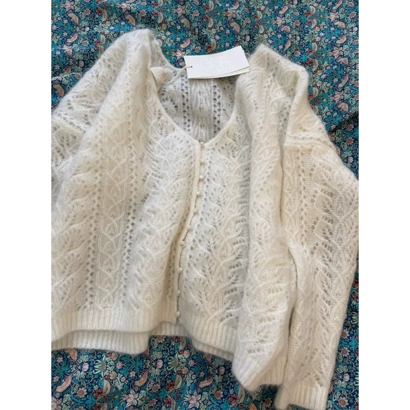 2025 Корейская тонкая верхняя одежда для повседневной носки, куртка-кардиган с ажурной вязкой, новый короткий вязаный топ