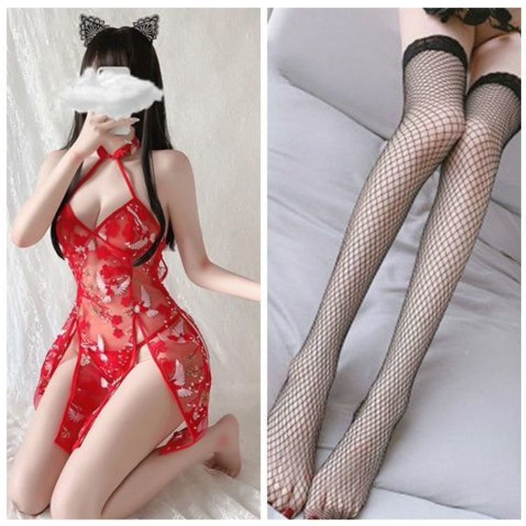 레드 (치파오 스커트 + 팬티) + 블랙 네트 스타킹