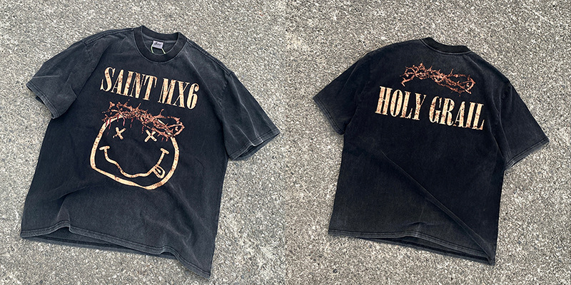 Vintage lavado viejo vintage manga corta marca de moda americana niebla calle suelta VTG casual cuello redondo hombres y mujeres camiseta