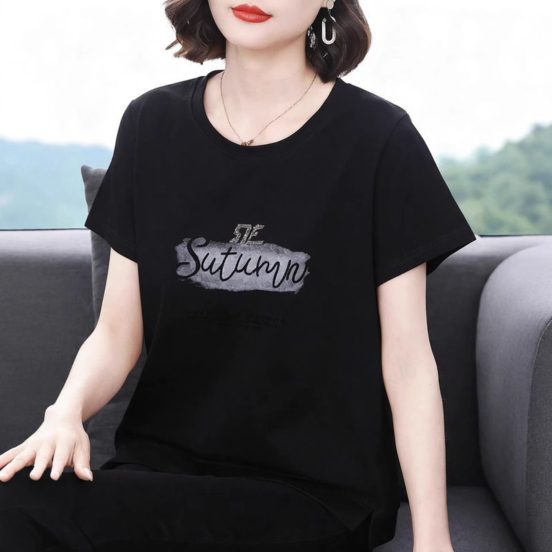 Middle-Aged and Elderly Women's Clothing, Large Size Casual Loose-Fitting Slimming Belly-Covering Pure Cotton Short-Sleeved T-Shirt, Middle-Aged Mother's Clothing Printed T-Shirt