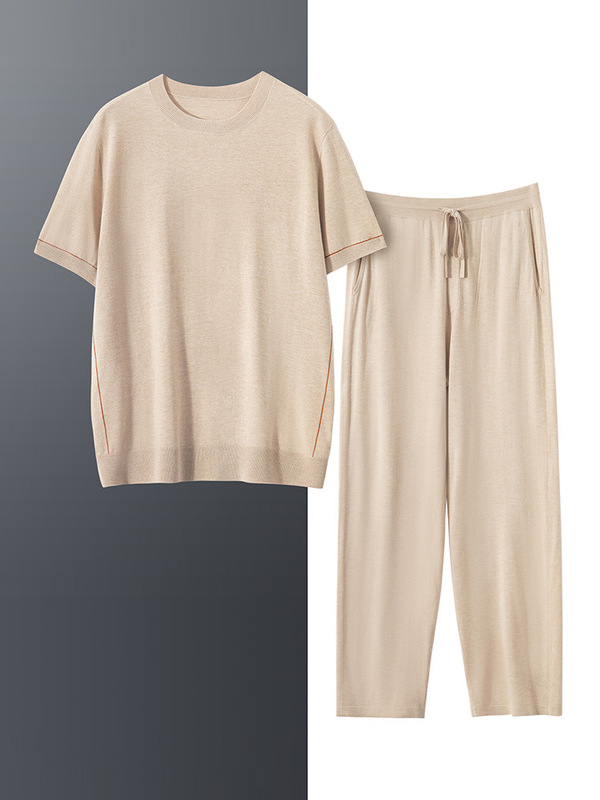 夏の绢糸メンズ半袖カジュアルスーツ薄い通気性ストレートパンツファッションゆるい純色丸襟tシャツ|undefined