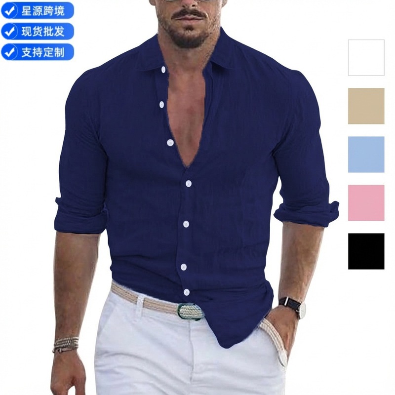 2026 New Men's Summer Cotton and Linen Lapel Beach Shirt Long-Sleeved Solid Color Hawaiian Holiday Clothing for Boys