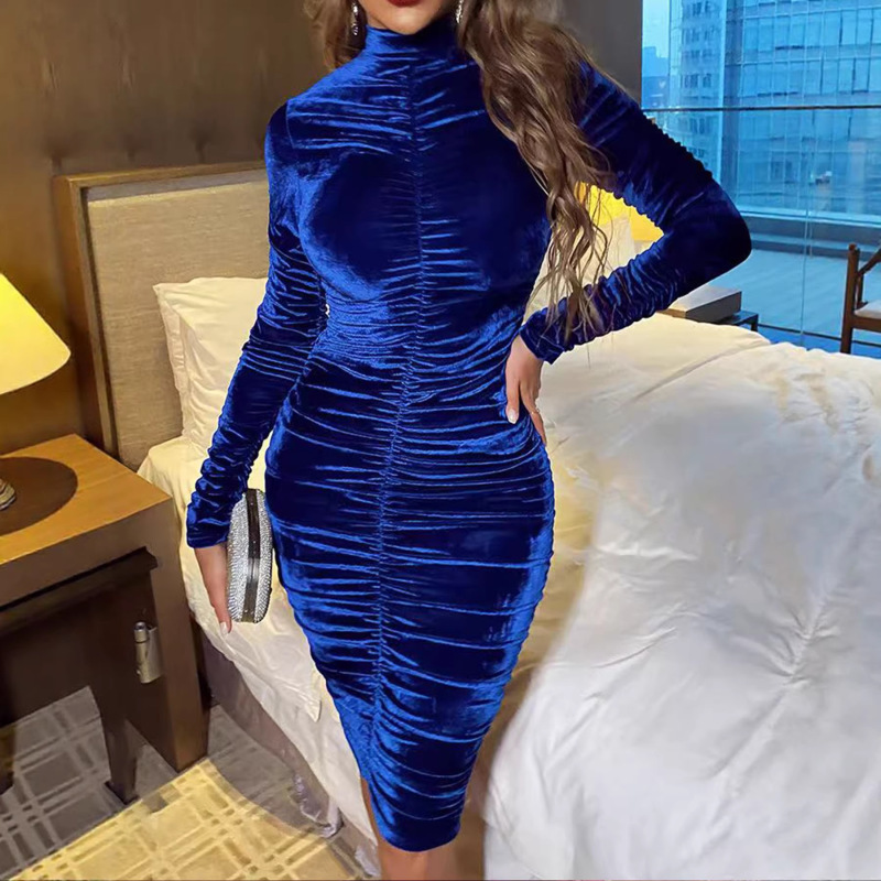 Women's High-Neck Long-Sleeved Velvet Full-Body Pleated Slim-Fitting Hip-Hugging Mid-Length Dress for Evening Party Occasions Women's High-Neck Long-Sleeved Velvet Full-Body Pleated Slim-Fitting Hip-Hugging Mid-Length Dress for Evening Party Occasions