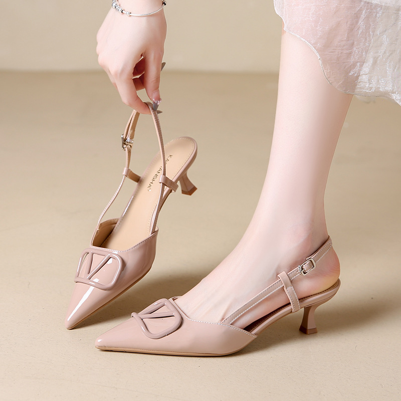 Pink Patent Leather High-Heeled Shoes for Women, 2026 Summer Fashion, Metal Buckle Pointed Toe High-Heeled Sandals, Thin Heel, Open Back