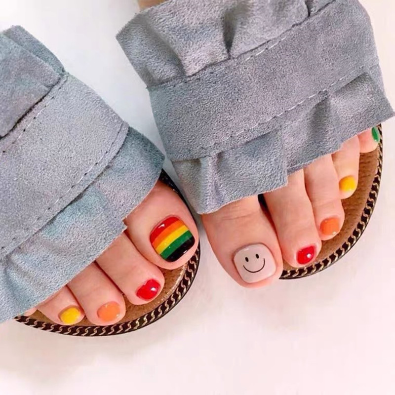 Handmade Wearable Nail Patches for Nails and Feet, Rainbow Smiley Face, Dopamine Foot Manicure, Whitening Elegant, High-End Fake Nails
