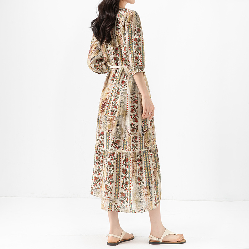 Đầm maxi nữ thắt eo bohemian in hoa kỳ lạ tay ngắn rộng che thịt — Màu cà phê