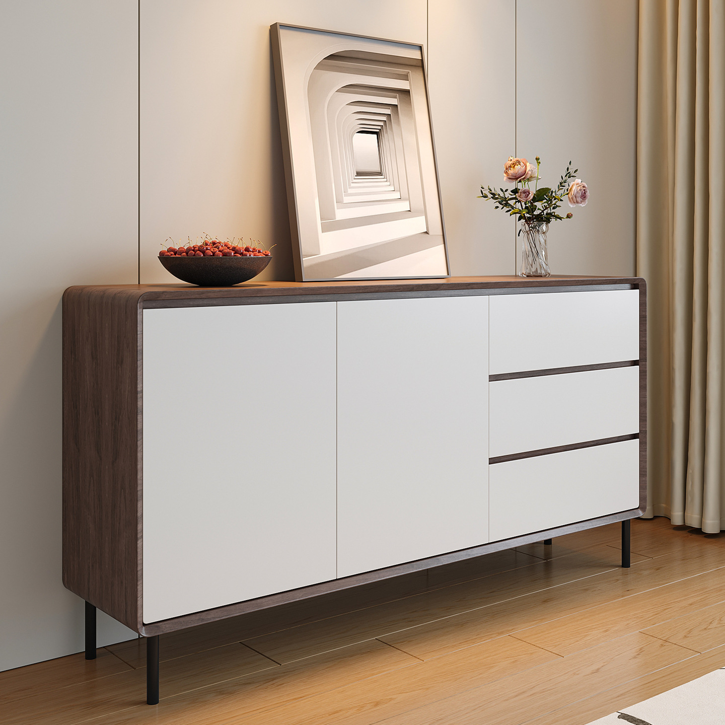 Sideboard Modern Minimalist Nordic Restaurant Walnut Color White Solid Wood Storage Cabinet Storage Cabinet Living Room Entrance Cabinet