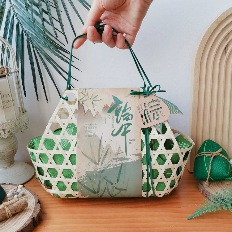 竹篮竹编腊肉香肠礼品包装端午肉粽香粽竹篮手提篮酒店银行送礼篮