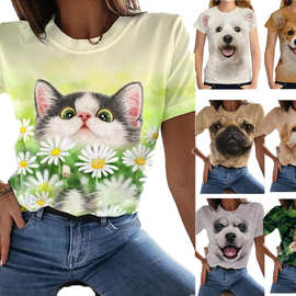 2023夏短袖运动T恤女 可爱小猫小狗夏季圆领卡通动漫印花欧美女装
