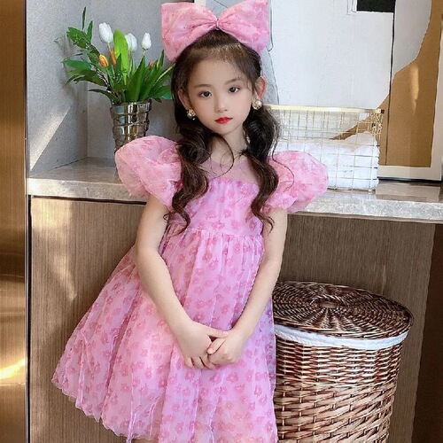 Girls' Summer Dress 2024 New Sweet and Trendy Net Princess Dress for Little Girls with Bubble Sleeves and Floral Print