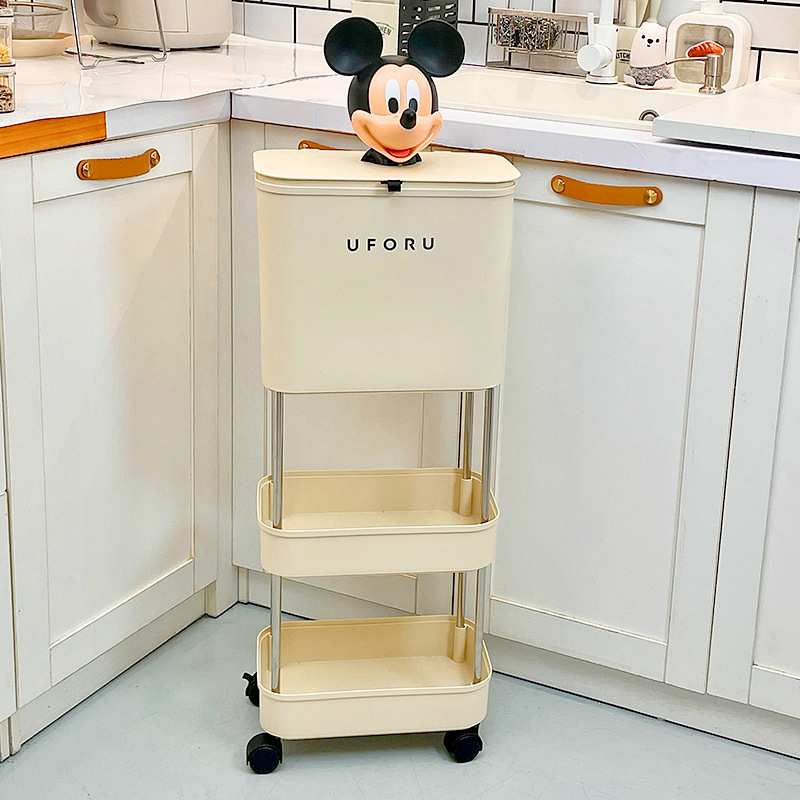 Cream-Style Kitchen Trash Can, No Bending Required, Movable, Tall Model for Home Use, High Aesthetic Value, Elevated Tall Sanitary Bin