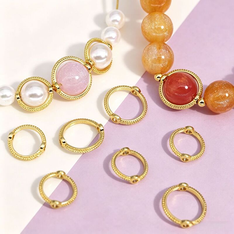 18K Gold Color-Preserving Lace Bead Ring, Twisted Double-Hole Bead Ring, Handmade Beading DIY Accessories Pearl Ring