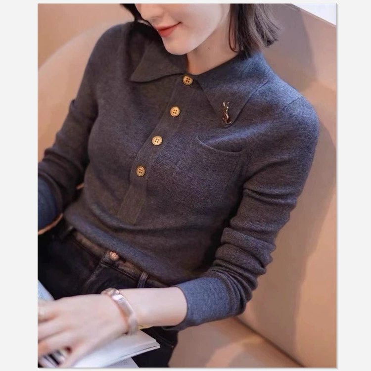 Отворот POLO2023 осень новый большой размер женский длинный рукав вязаный шерстяной нижний свитер сплошной цвет
