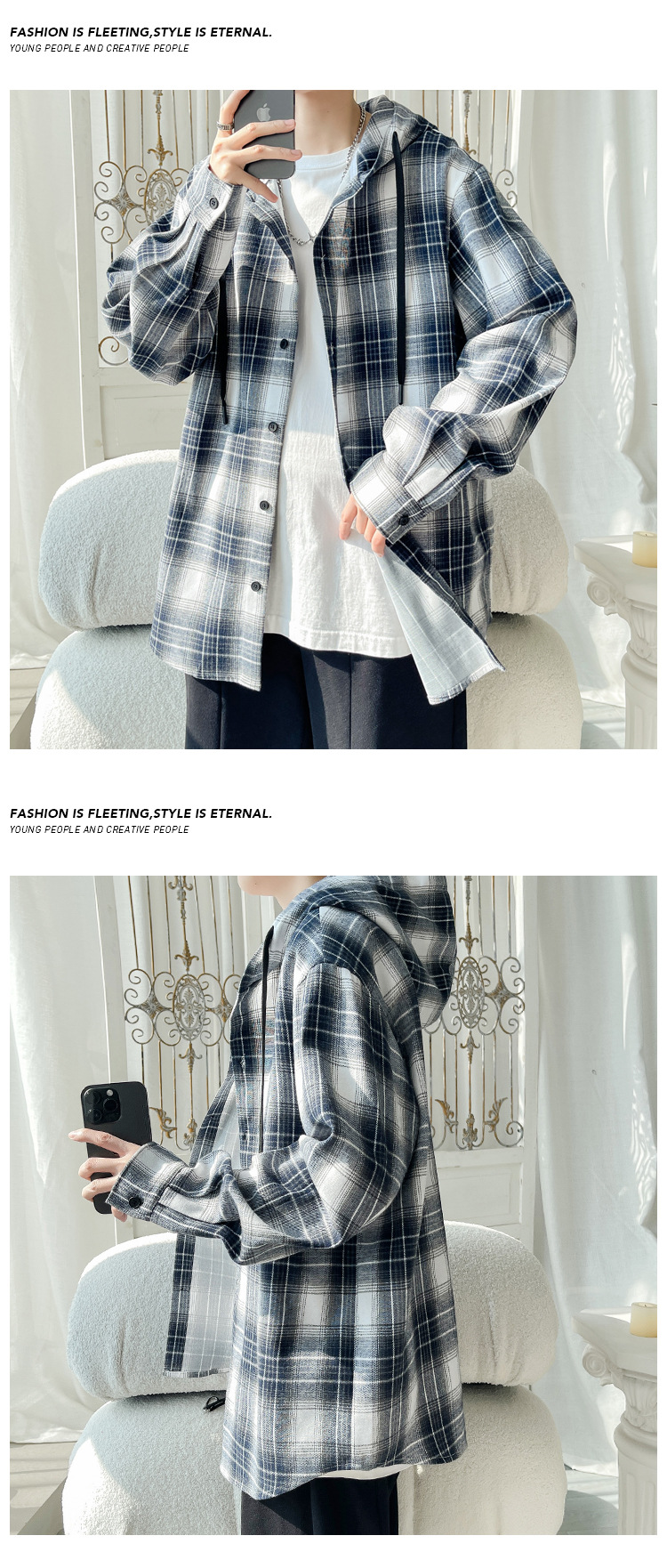 Plaid Hooded Shirt Jacket For Men American Retro Style Oversized_voghion.com
