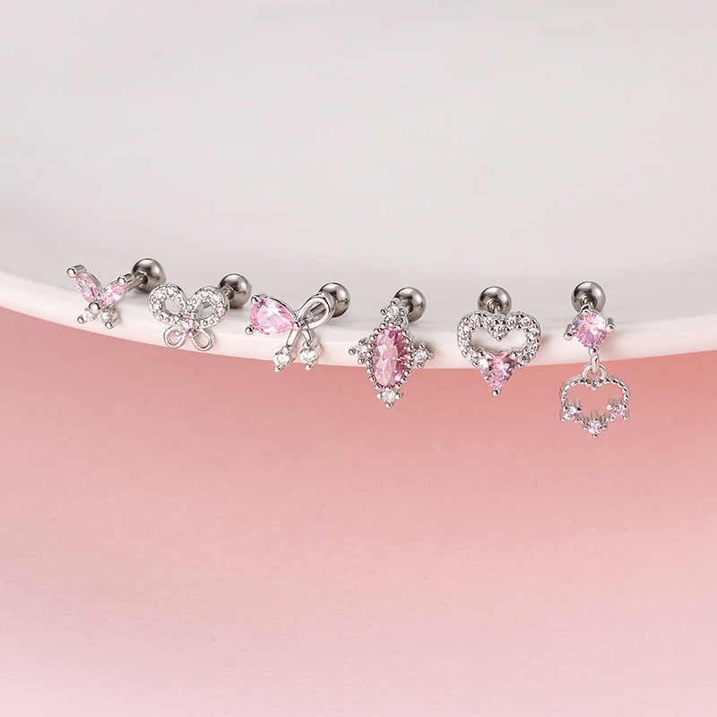 Sweet Heart Shape Bow Knot Stainless Steel Plating Zircon Ear Studs 1 Piece