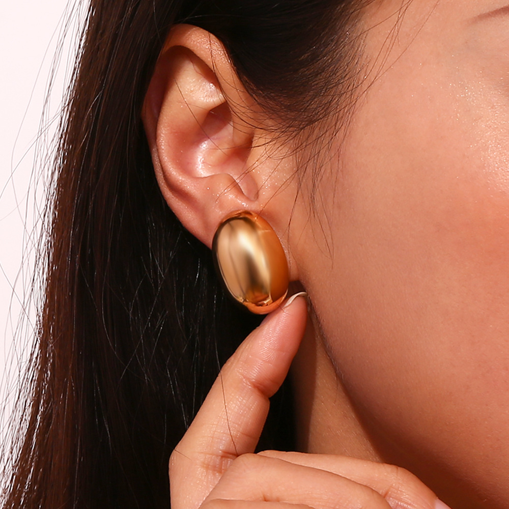 Stainless Steel Material Oval Pattern PVD Coated Real Gold Plated 18K Gold Oval Stainless Steel Simple Style Waterproof Non Tarnish Ear Studs