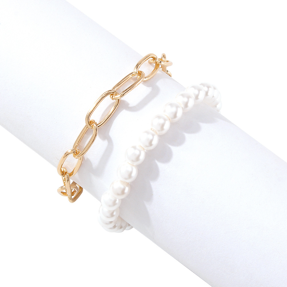 B1446 Cross-border Fashion Ornament Metal Chain Imitation Pearl Bracelet Simple Retro Elegance And Creativity Double-layer Bracelet display picture 9