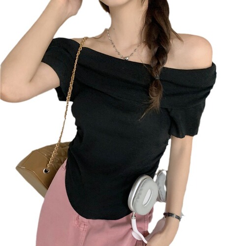 Gray One-Shoulder Short-Sleeve Knit Top for Women - Summer 2025, Fitted, Short Height, Versatile, Trendy