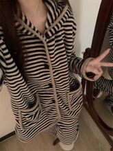 连帽条纹珊瑚绒睡衣女秋冬新款加绒加厚保暖法兰绒休闲居家服套装