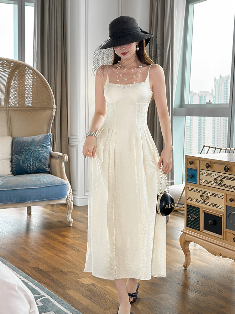 Đầm suông nữ midi thắt eo kiểu Pháp tay dây — mơ