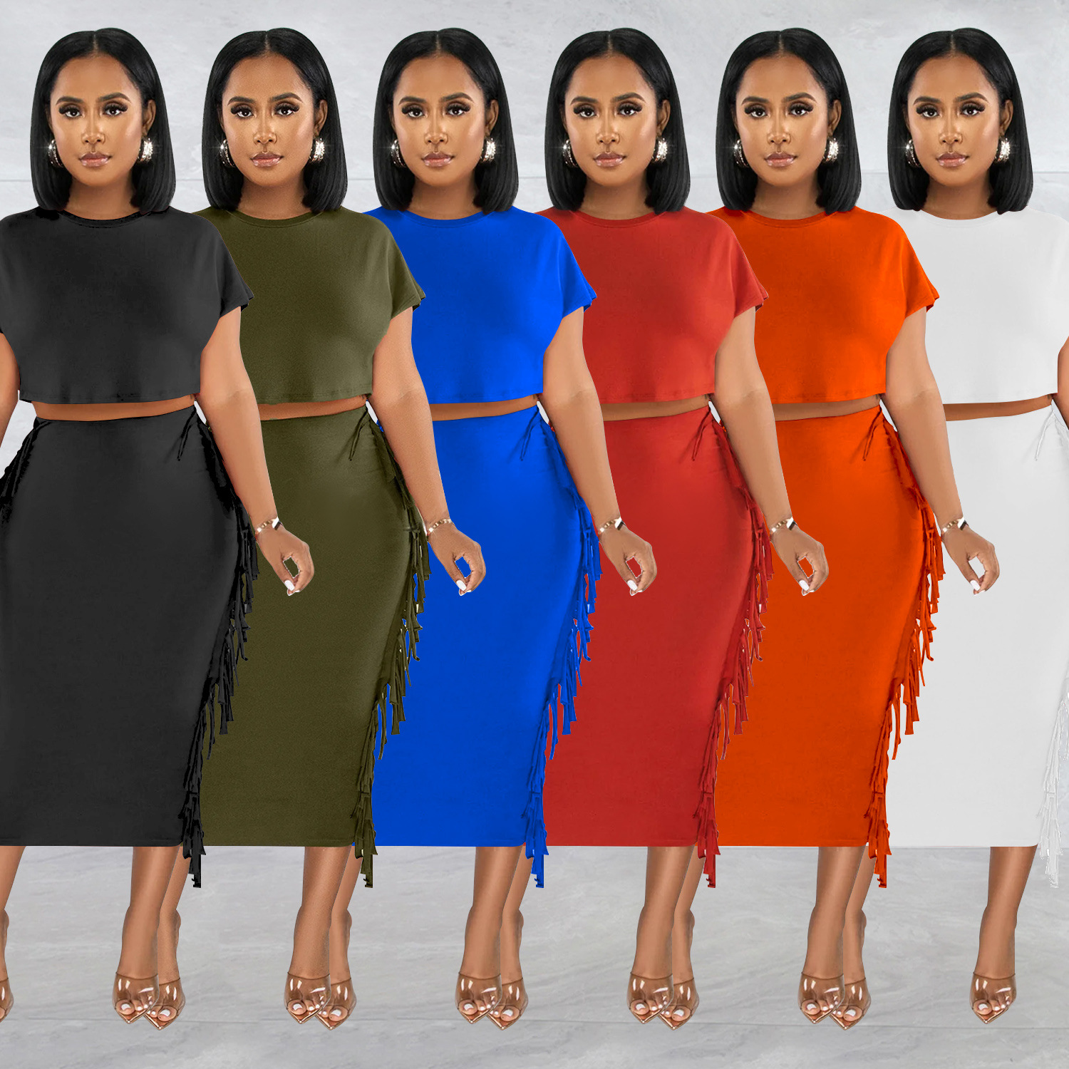 X6331 transfronterizo AliExpress Amazon ropa de mujer de moda europea y americana borla de color sólido cuello redondo Vestido de manga corta conjunto de dos piezas