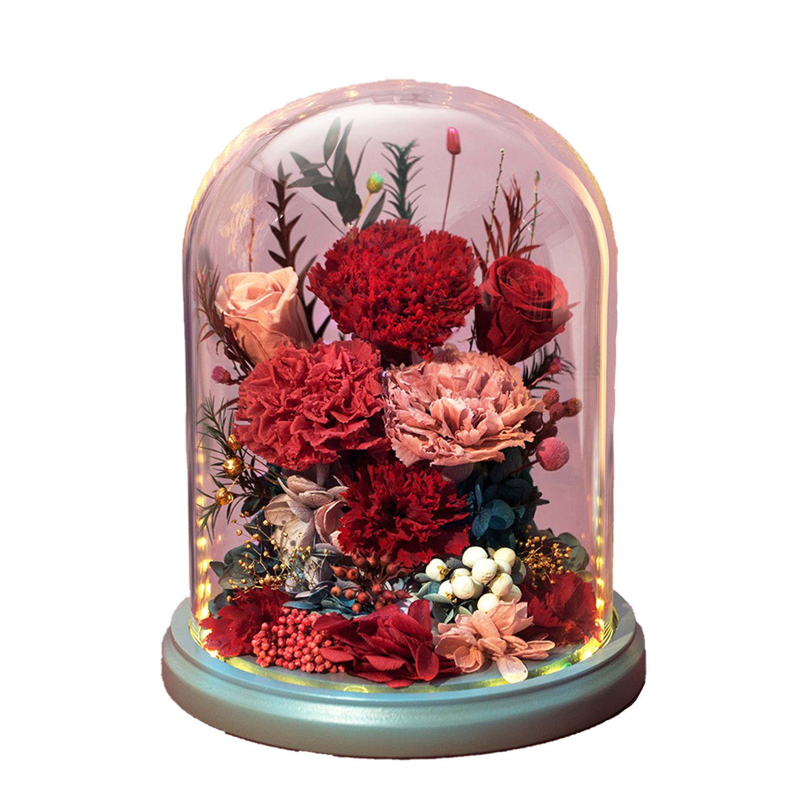 Venta al por mayor de fábrica de adornos terminados con cubierta de vidrio de claveles de flores eternas, regalo del Día de la Madre para mamá y ancianos, regalo de alta gama.