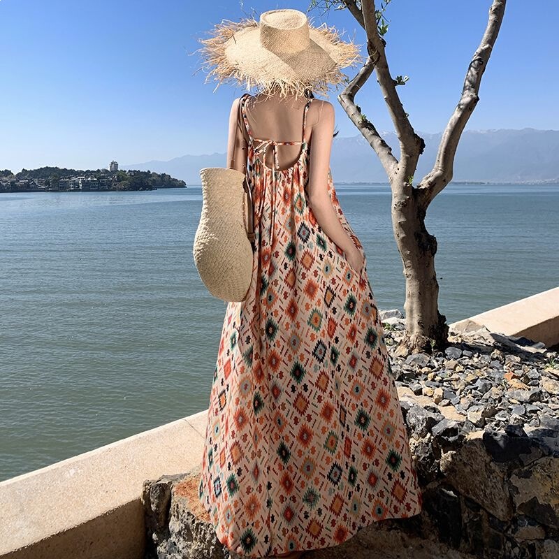 In-Stock Dopamine Pakistani Vacation Bohemian Style Spaghetti Strap Dress Women's Summer Long Dress Tie-Dye in Picture Colors