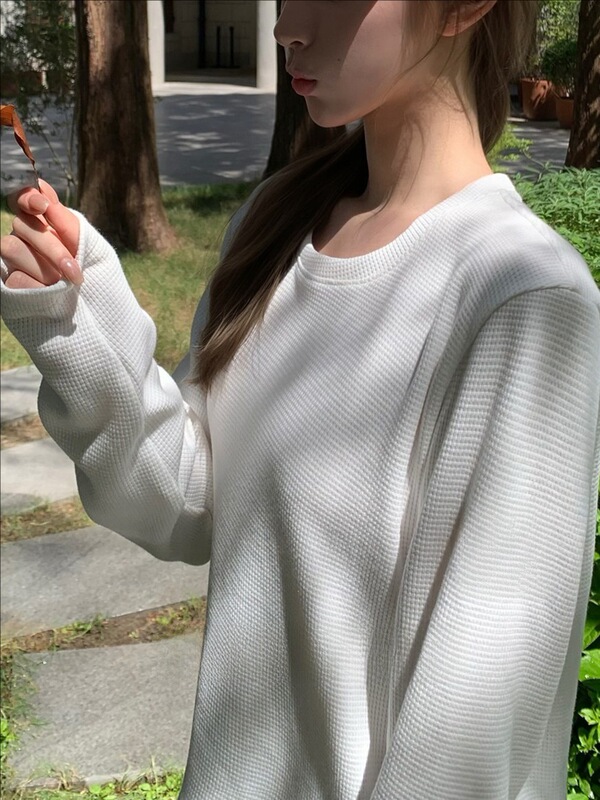 Wuus 【网球俱乐部】华夫格长袖上衣女早秋灰色外穿打底衫T恤|undefined