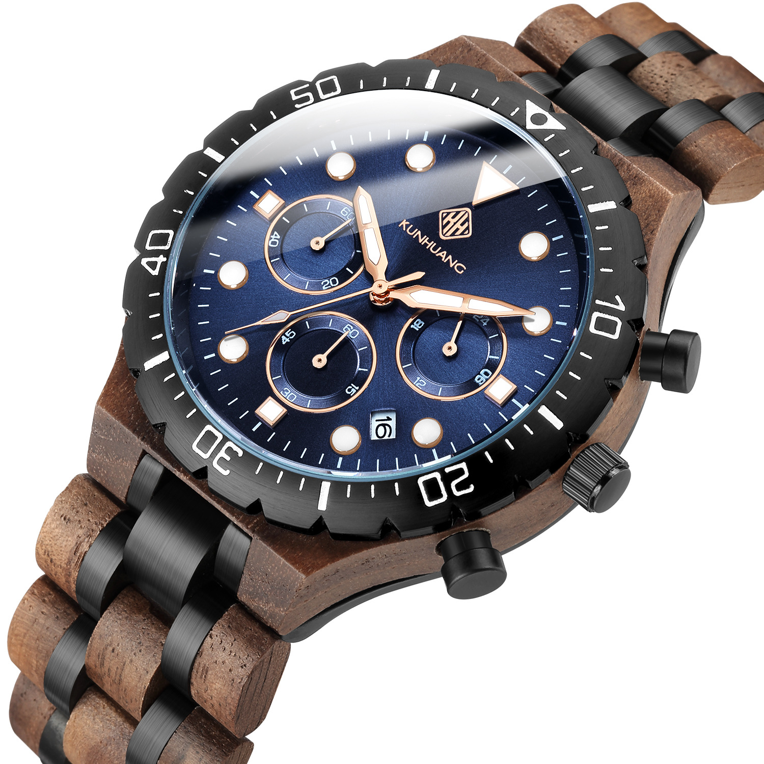 昆皇新款男士手表钢间木表带多功能石英时尚手表个性复古水鬼批发