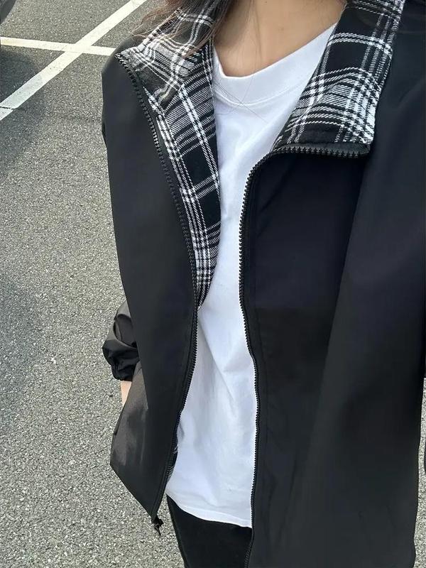 跨境男士格子双面秋季夹克新款百搭潮牌美式立领外套宽松休闲情侣|undefined