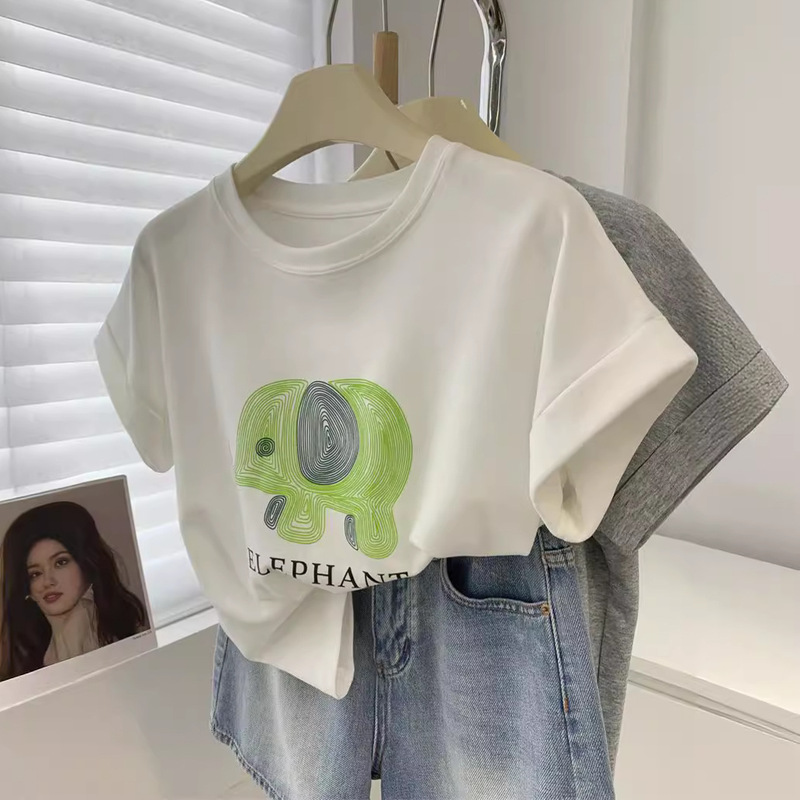 Elephant Print Rolled-Edge Short-Sleeve T-Shirt for Women, Summer 2026 New Style, Round Neck, Loose Fit, Casual, Slimming, Flutter Sleeve Top