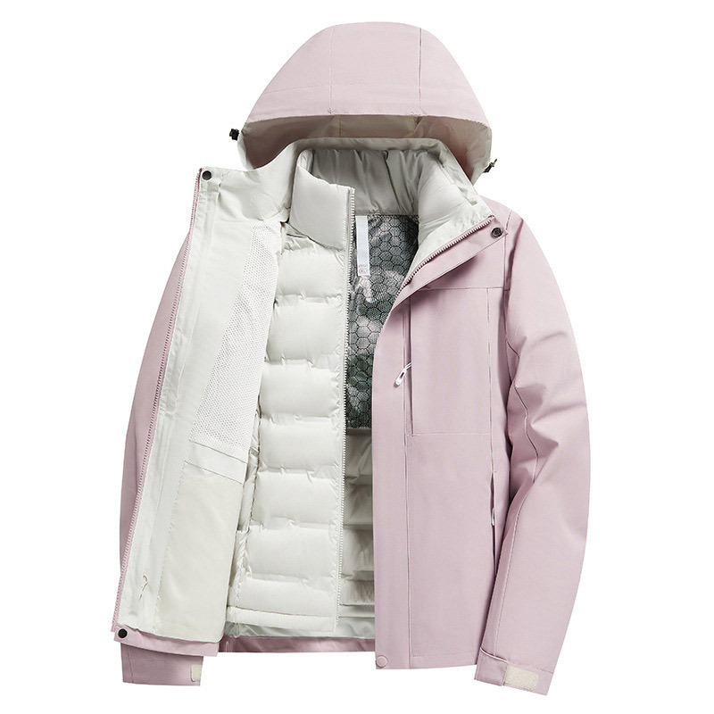 Plumón al aire libre tres en uno desmontable a prueba de viento impermeable viaje traje de montaña chaqueta para hombres y mujeres al aire libre image 2