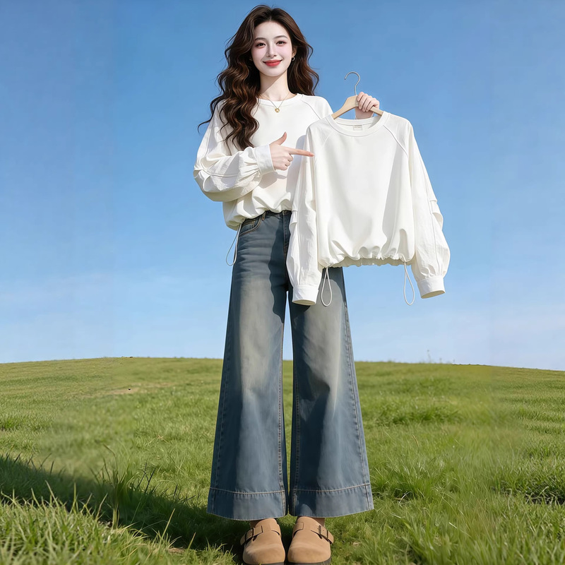 White Drawstring Waist-Cinching Raglan Long-Sleeve T-Shirt for Women, Spring/Summer Thin Korean-Style Loose Casual Sweatshirt Top for Women 10787