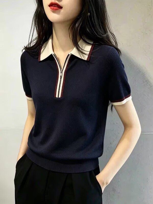 Áo thun nữ ngắn tay phong cách cổ điển, dây kéo trước, form ôm nhẹ — Xanh lông mòng đen
