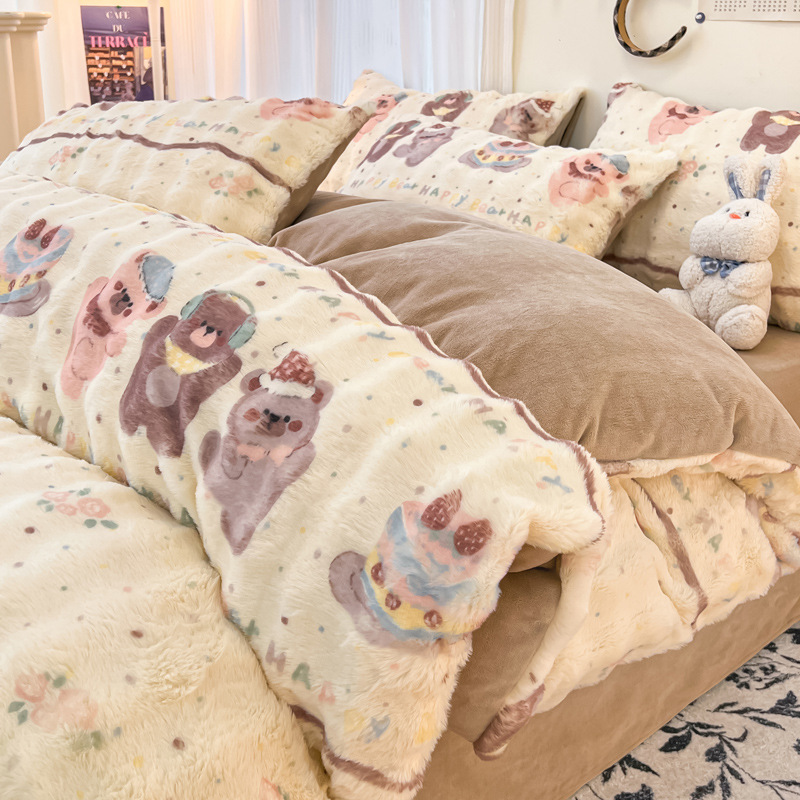 2024 nuevo traje de cuatro piezas de felpa de conejo de invierno más terciopelo de lana de leche franela de coral funda de edredón sábana de invierno