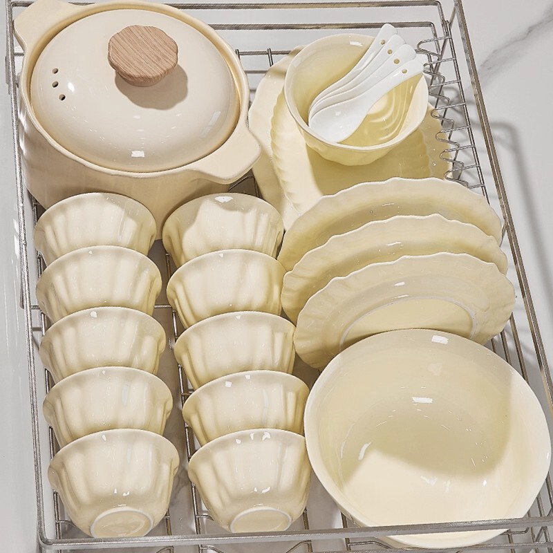 Underglaze Color Cream-Style Ceramic Rice Bowl Tableware Set, Bowl and Plate Set for Home Use, Fish and Vegetable Plate, Soup Bowl, Noodle Bowl, Rice Bowl
