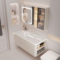 シンプルなクリーム風洗面台陶磁器一体盆現代トイレ知能実木浴室キャビネットセット洗面器