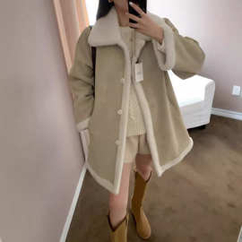 韩国ins冬季法式复古小众时尚撞色两面穿皮毛一体中长款棉衣外套