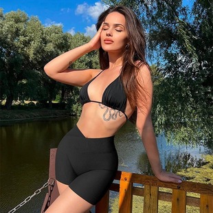 European and American 2023 Amazon foreign trade wholesale yoga shorts rib workout high waist sports tights slim shorts