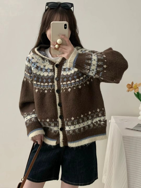 费尔岛重工提花连帽开衫毛衣女2025秋冬新款韩系慵懒风针织外套厚|undefined