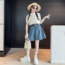 女童木耳边套装2025新款儿童洋气娃娃衫上衣大童牛仔短裙裤两件套