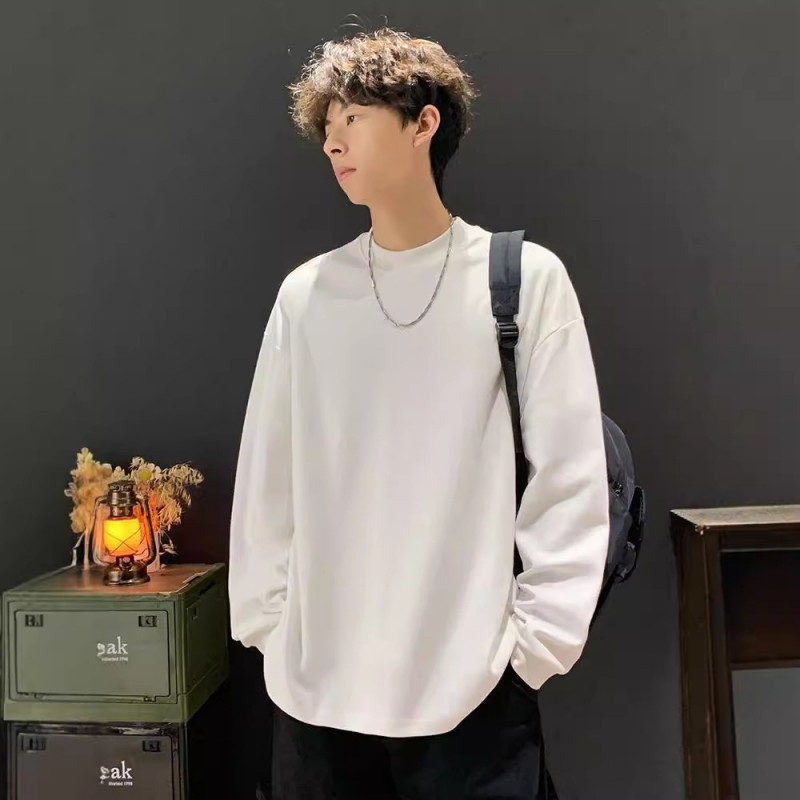 가을 남성용 하프 터틀넥 화이트 긴팔 티셔츠 트렌디 아메리칸 스웨트 셔츠 루즈한 이너웨어 순면 바닥 셔츠